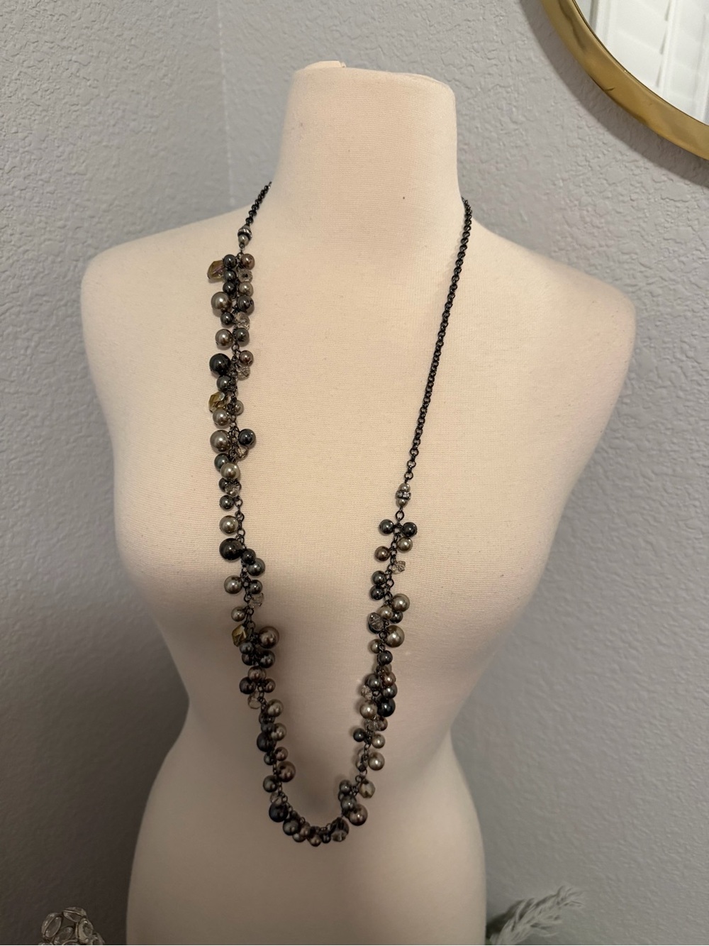 Long Gunmetal and Gray Bead Cluster Necklace